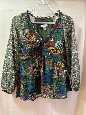 Cupio Boho Patchwork Floral Blouse Sheer Sleeve Peasant Top Small Spring Summer